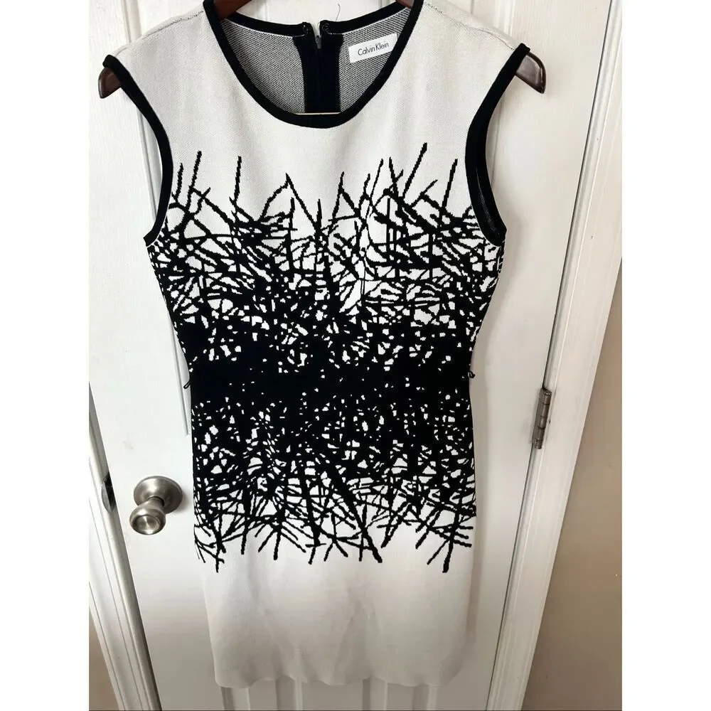 Calvin Klein Women's size PM Sheath Dress Bodycon Textured Black White pattern - Picture 7 of 8
